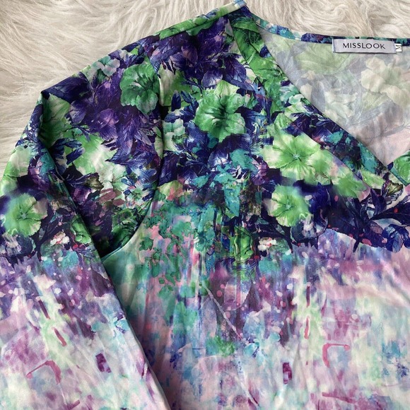 Misslook Blouse Size M Purple Pink Print V-Neck Top Pullover 3/4 Sleeve Womens - Picture 2 of 11